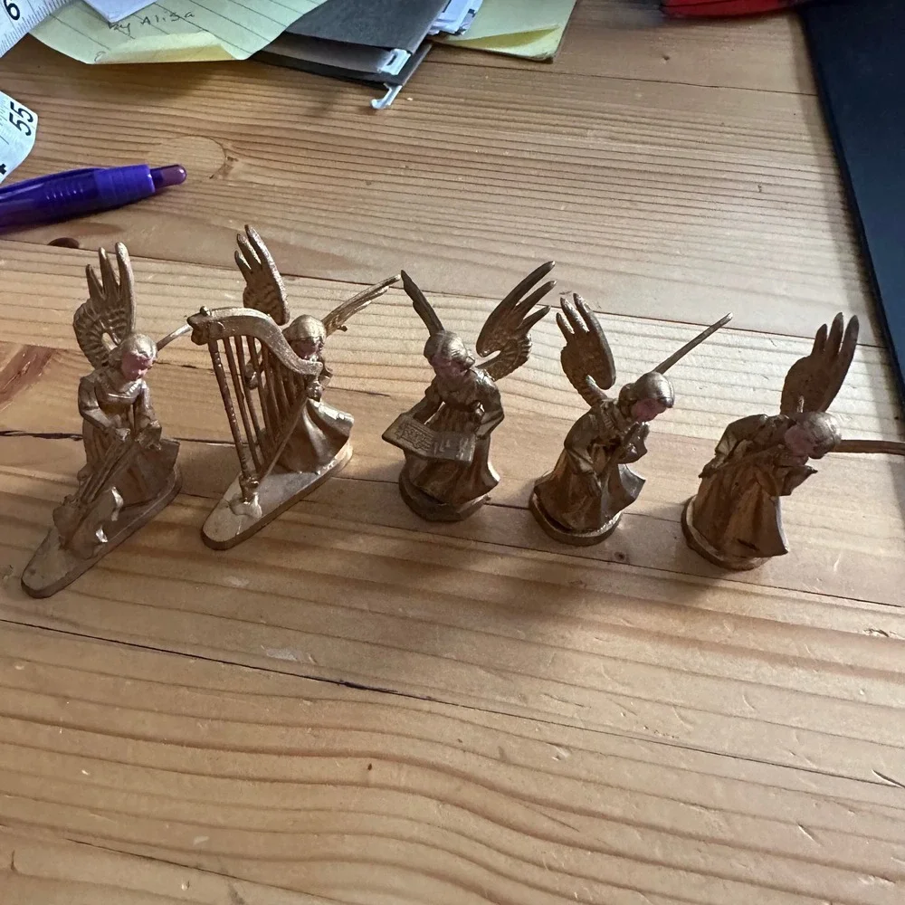 Vintage Gold Plastic Angel Figurines Set of 5 Made in Hong Kong Christmas 2 Inch